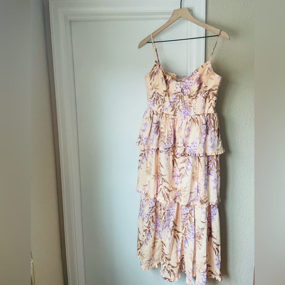 House of Harlow Linen Bustier Lace Up Back Tiered Maxi Dress